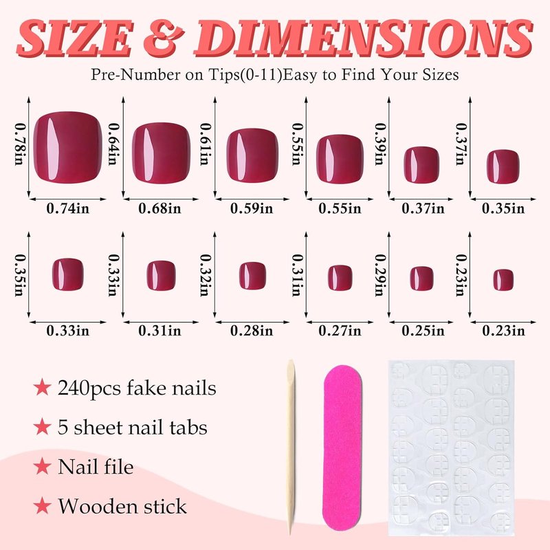 Skiennix 168pc Press-On Toenails - Berry Red Short Square Acrylic Tips for Effortless Style