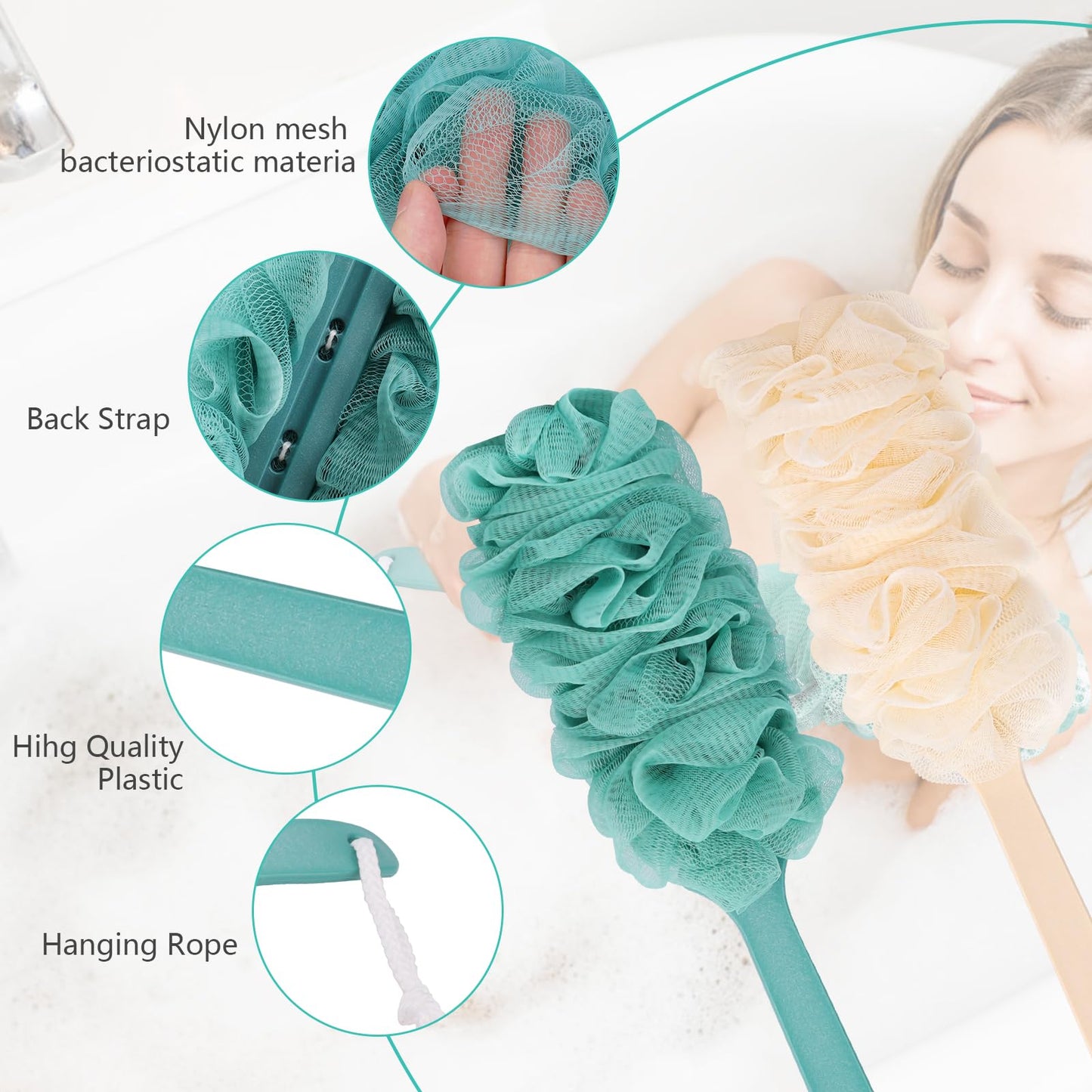 2Pack Back Scrubber for Shower Loofah with Long Handle, Shower Brush for Body, 17″ Loofah on a Stick for Men Women Bathing Accessories, Scrubber Sponge for Exfoliating Bath Brushes (Green)
