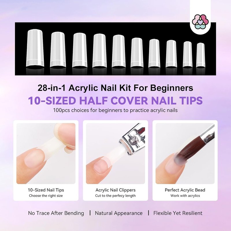 Acrylic Nail Kit for Beginners - Complete DIY Nail Art Set with Drill, Glitter Powder & 100 Tips | Home Salon Essentials