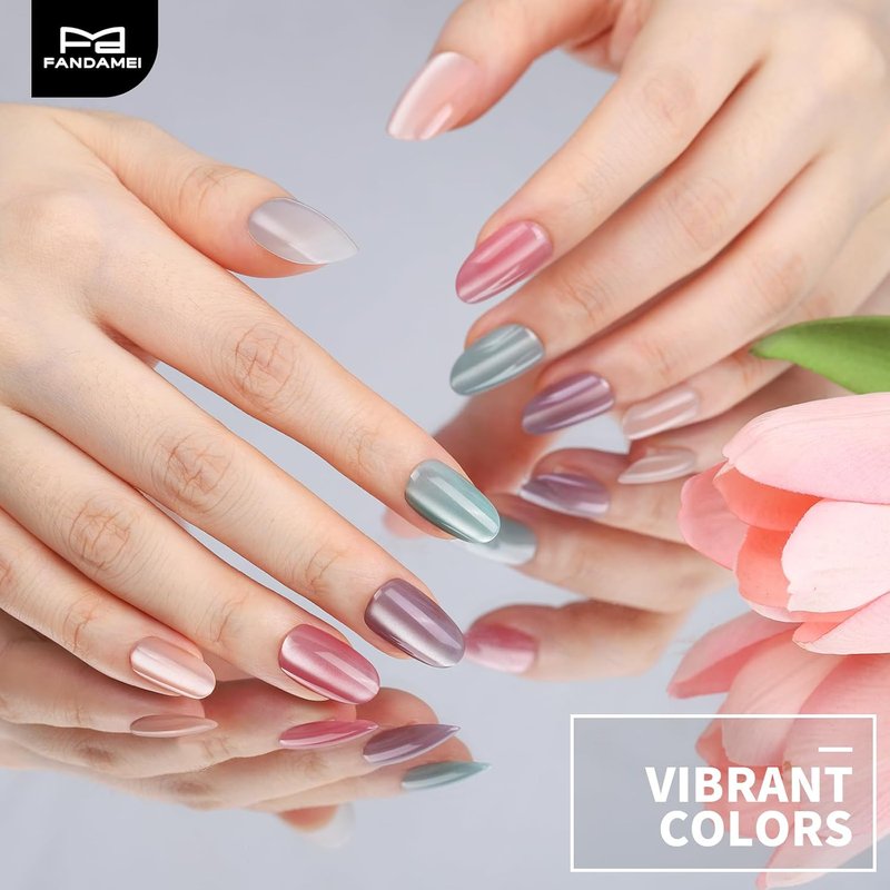 FANDAMEI Press On Nails - Short Almond & Oval Cat Eye Design | Glossy Nude Fake Nails Kit with Adhesive Tabs