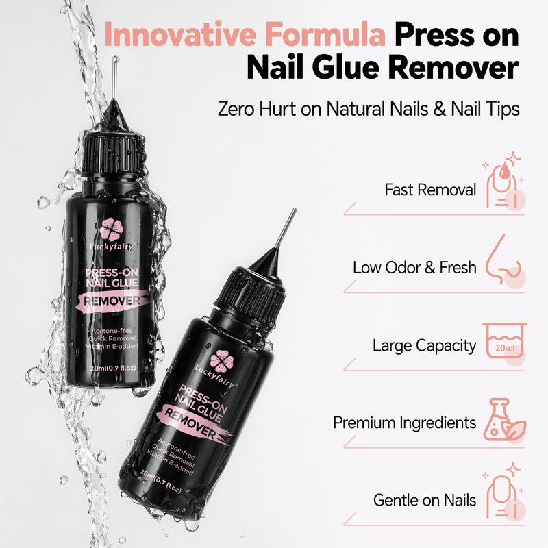 Pinpoint Press On Nail Remover: 2PCS 20ml Non-Acetone Nail Glue Remover with Cuticle Pusher, Multi-Functional Remover for Nails Tips, Gentle Nail Polish Remover with Upgraded Quick Easy Removal