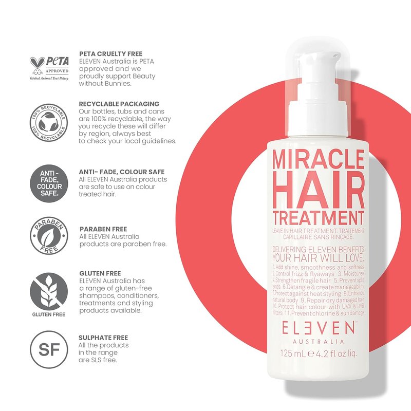 ELEVEN AUSTRALIA Miracle Leave-In Conditioner - Frizz Control & Heat Protection for Curly & Straight Hair | 4.2 Fl Oz