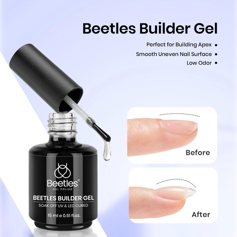 Beetles 3Pcs 15ml Builder Nails Gel with No Wipe Top Coat and Base Coat Set, Nail Extension Strengthening Nail for UV LED Lamp, Soak Off Gel Nail Polish for Nail Art