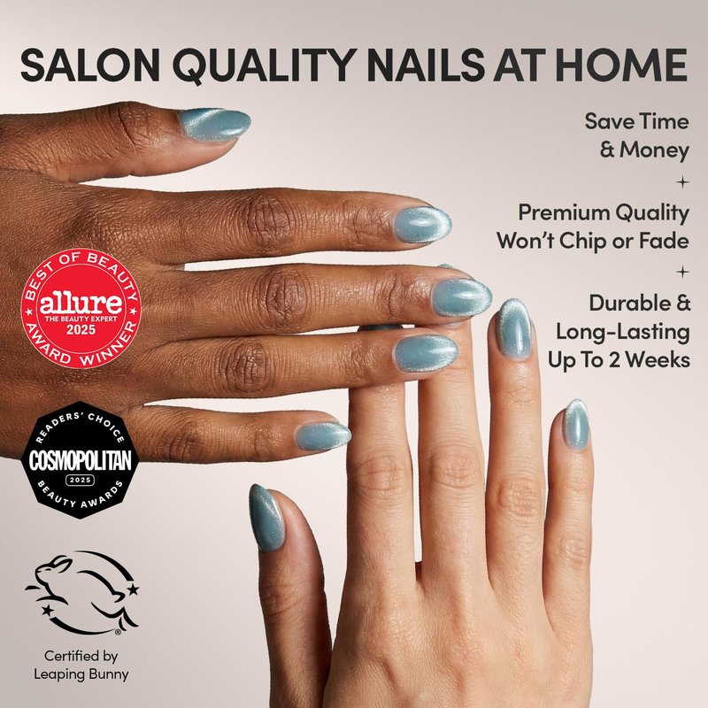 Glamnetic Press On Nails - Unicorn Tears | Short Oval Misty-Grey Nails with Metallic Finish | 30 Nail Kit with Glue