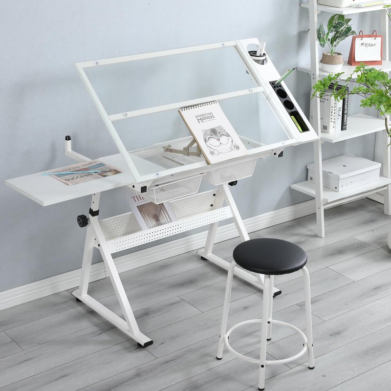 MegaChoice Drafting Table w/Stool, Height Adjustable Multifunctional Art Craft Artists Desk, Tilting Glass Tabletop Diamond Paintings Work Station w/2 Storage Drawers & for Tray Home Office