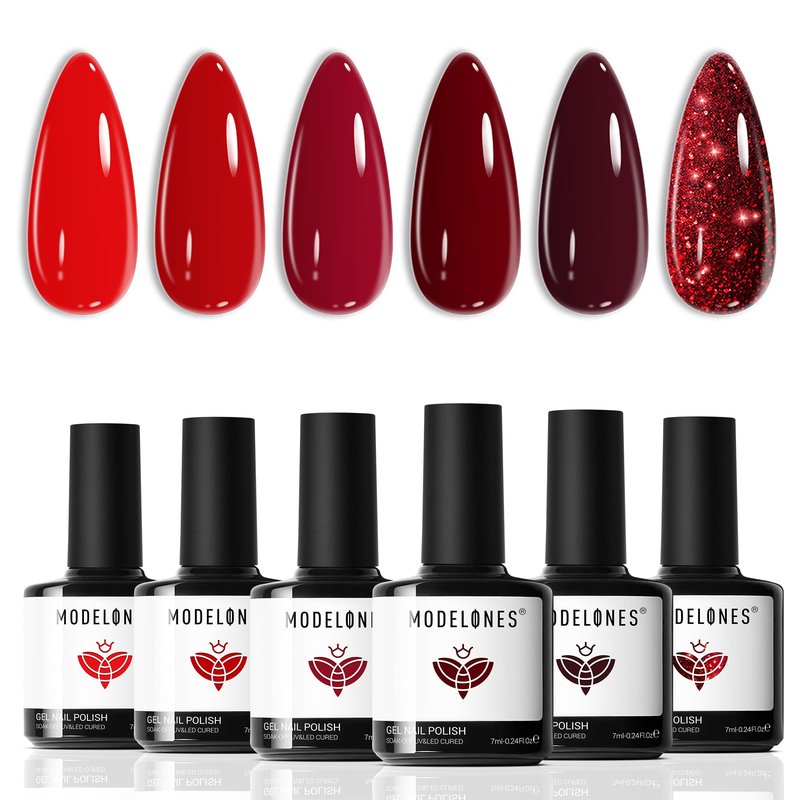 modelones Gel Nail Polish Kit -6 Colors Red Gel Polish Set Burgundy Glitter Sparkle Bloody Soak Off Gel Nail Kit Manicure DIY Nail Art Salon Home Gift