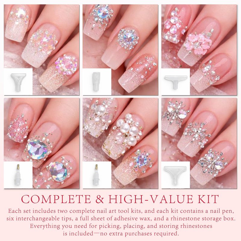Rhinestone Applicator Tool Set(Pink)–2 Dual-Ended Picker Handles with 12 Plastic Tips, Adhesive Clay and Bedazzling Accessories for Nail Art Crafts