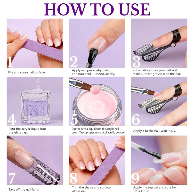 Pjordo Acrylic Nail Kit, 5.1fl. oz Acrylic Liquid with 3 Sizes Nail Brush, Files, Forms & 4 Powders for Nail Extension, Not Easily Yellowed Acrylic Nail Kit for Beginners & Salon DIY Home Nail Art