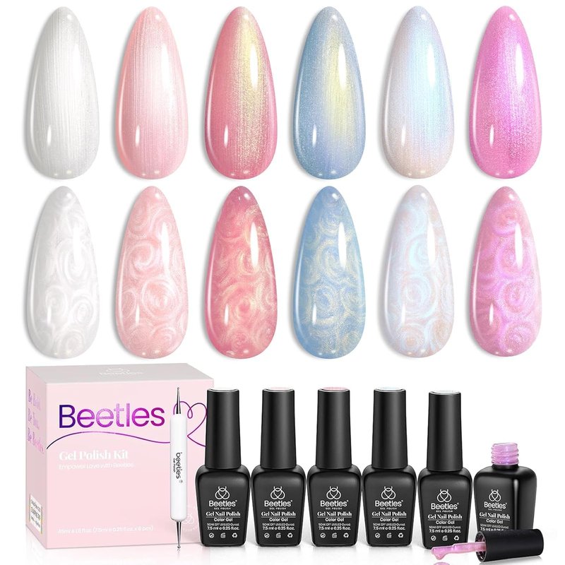 Beetles Pearl Gel Nail Polish Set - 6 Colors with Swirl Effect | UV LED Soak Off for DIY Manicure
