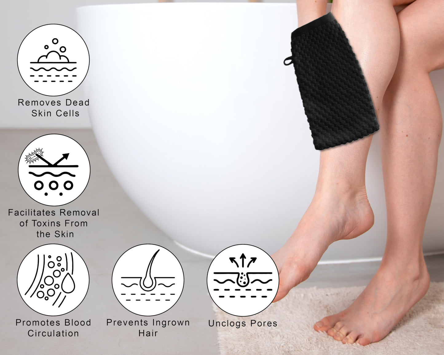 COTTON CRAFT Bath Mitt - Exfoliating Glove - Set of 6 Euro Spa Waffle Weave Towel Mitts - 100% Cotton Body Shower Glove Washcloth with Hanging Loop - Sensitive Skin Friendly - Large 5.5x10 -Black