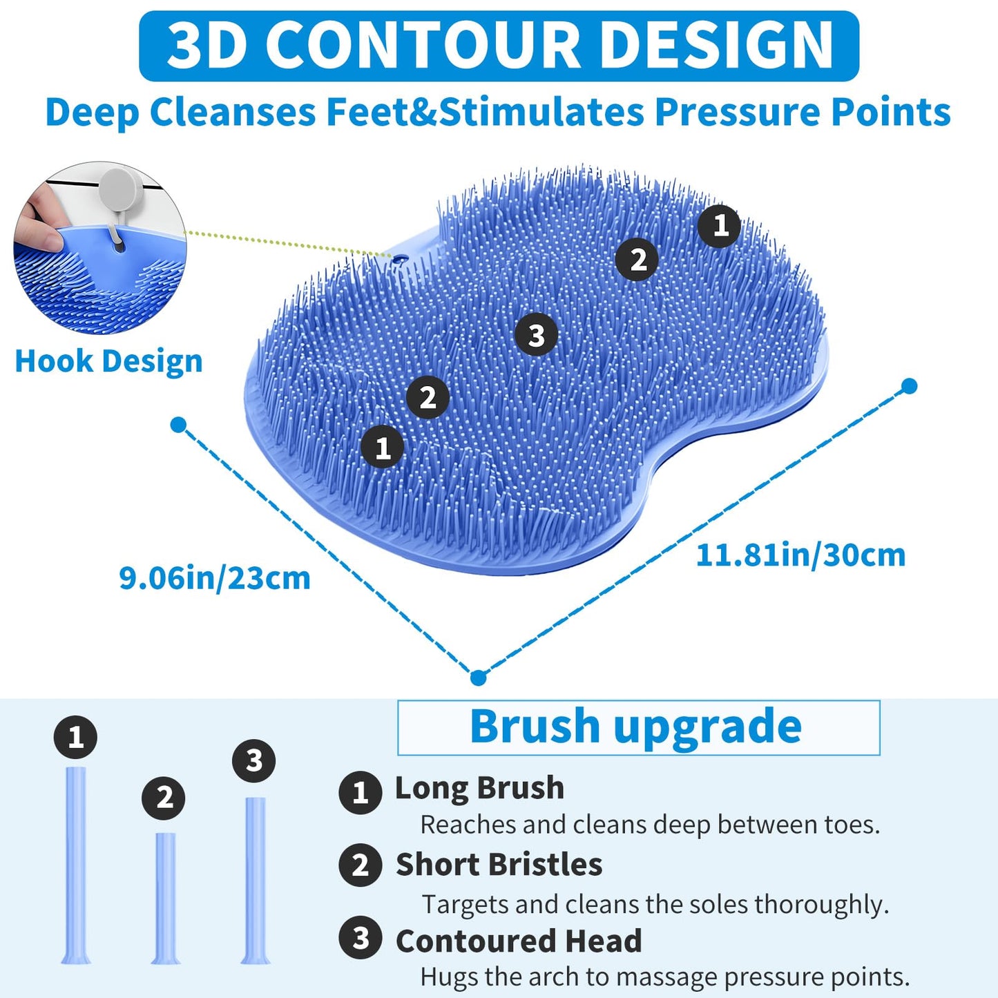 Merleu Shower Foot Scrubber Mat with 3 Types of Upgraded Brushes for Massage, Shower Back Scrubber with Micro Suction Cups,Back Washer,Shower Scrubber for Body at Home Spa (Sky Blue)