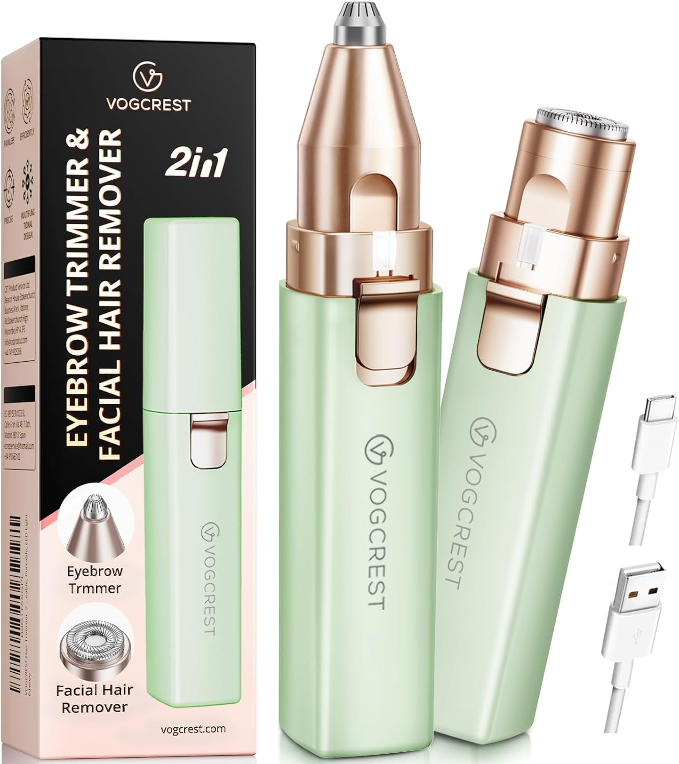 VOGCREST Hair Trimmer - 2 in 1 Facial Hair & Eyebrow Remover | Rechargeable, Portable with LED Light
