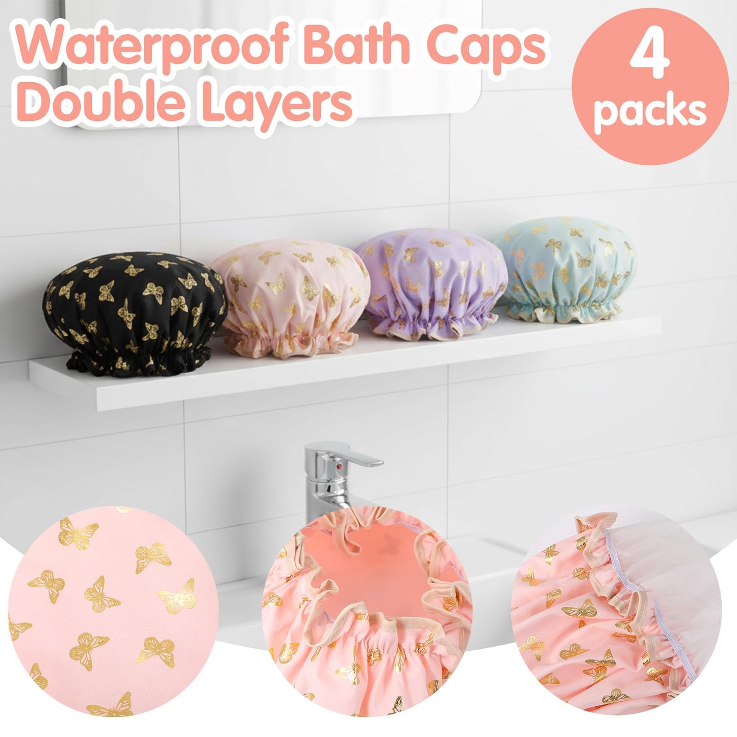 Yuanchu 4 Pcs Waterproof Shower Caps for Women, Elastic Band Bath Caps Reusable Shower Hat Double Layer Shampoo Cap for Washing Hair Bathing SPA Makeup Cooking