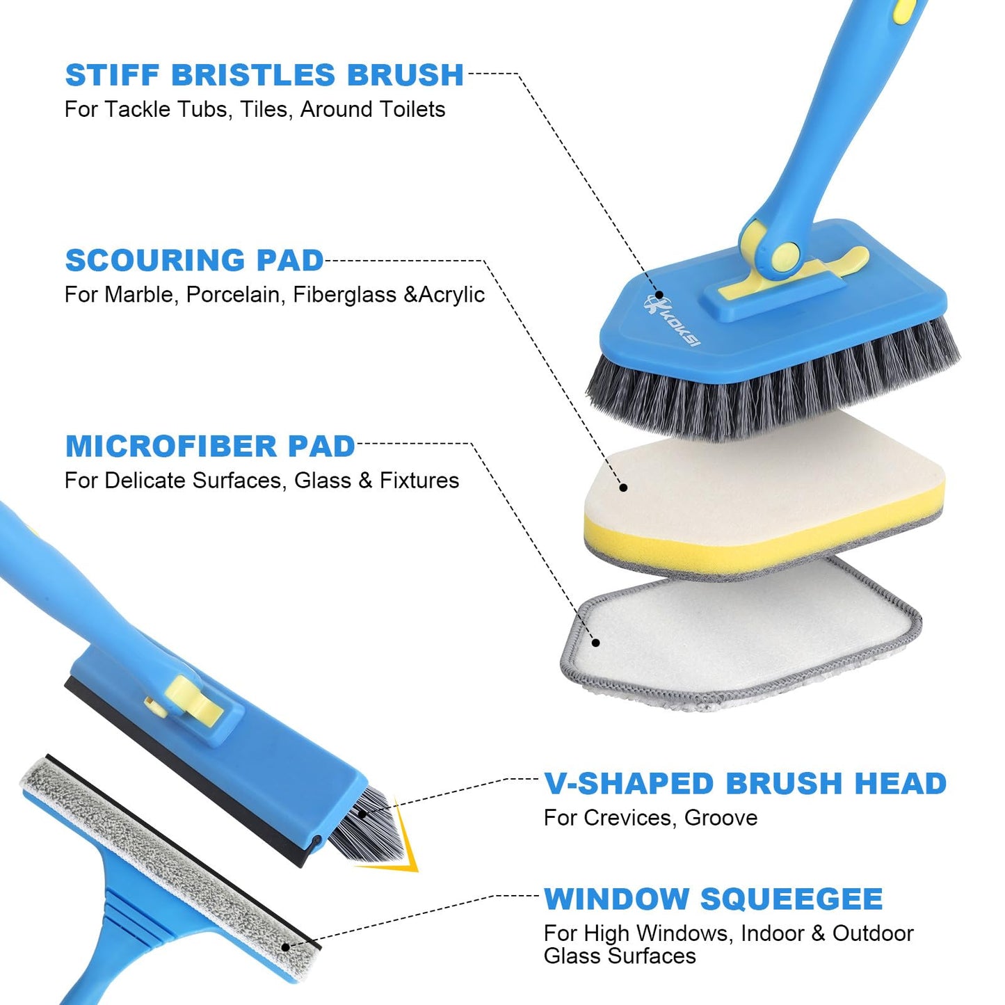 Tile Tub Scrubber Brush with 5 Different Function Cleaning Heads and 51" Extendable Long Handle Non Scratch Shower Scrubber for Cleaning Bathroom Kitchen Toilet Wall Bathtub