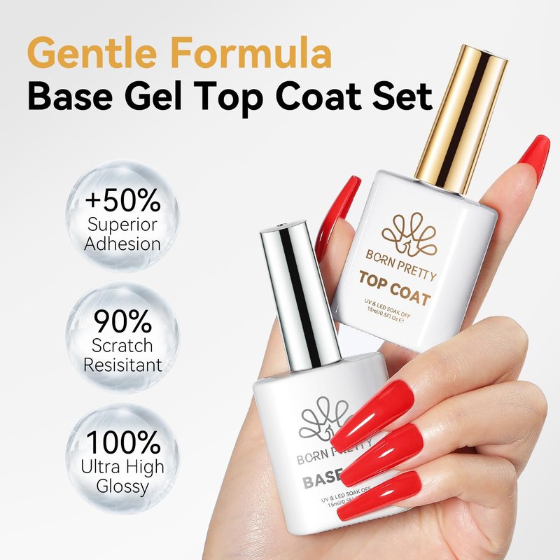 Born Pretty Gel Base and Top Coat Set,2PCS No Wipe Glossy Base Top Coat Gel Nail Polish,Upgraded Formula for Long Lasting Glossy Manicure,Soak Off No More Damaged Nails