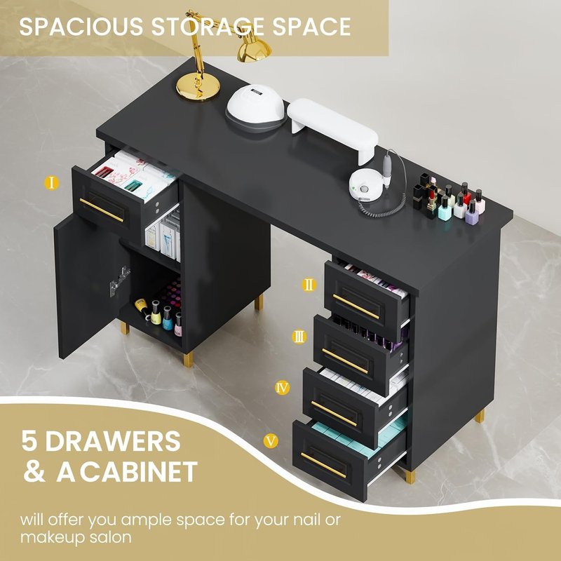 Black and Gold Nail Tech Desk - 43 Inch Manicure Table with 5 Drawers & Storage for Beauty Salons | Wooden Salon Spa Furniture