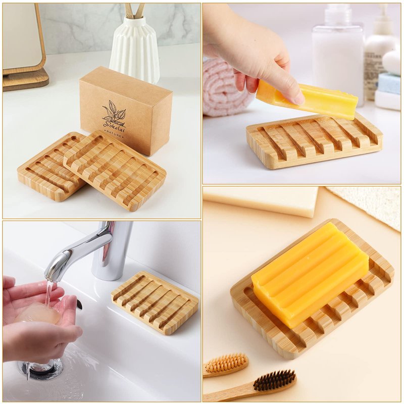 Shampoo Bar Holder Bamboo Soap Dish for Shower Wood Soap Dishes Wooden Soap Saver Tray Stand Self Draining Travel Soap Container Case for Bathroom Kitchen Bath Tub Razor Sponges, Waterfall Drain 2 PCS