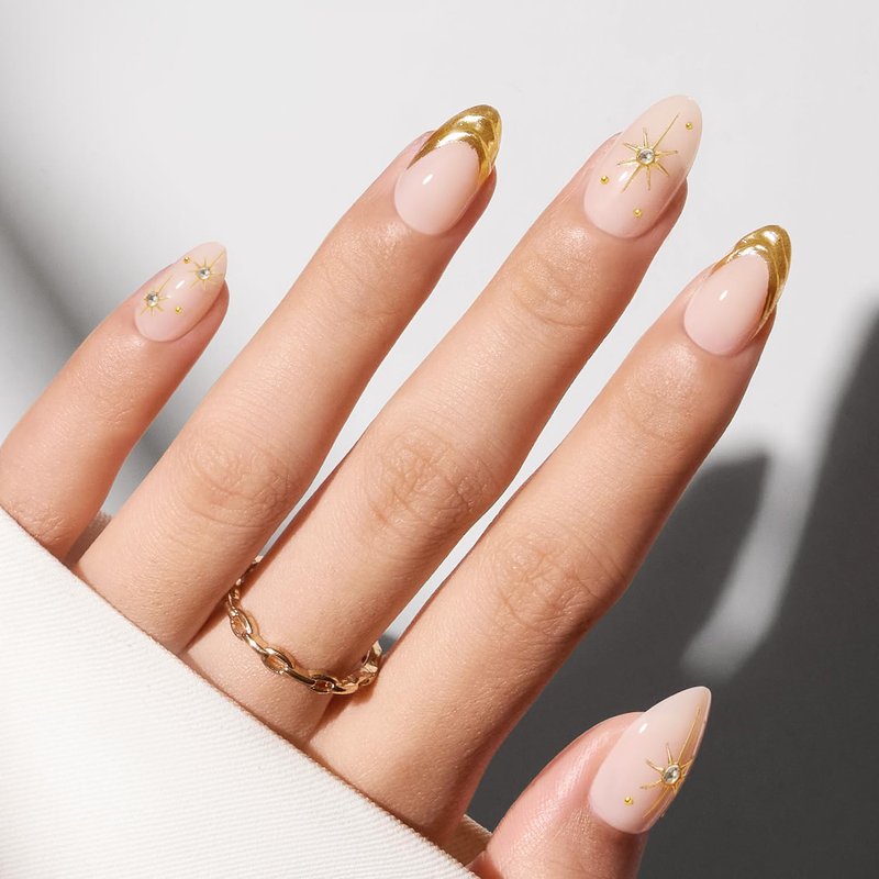 Modelones French Tip Press on Nails Almond, Short Almond Fake Nails, Semi-Transparent Soft Nail Kit with Nail Glue Adhesive Tabs Nail File, Spring Nails Press Ons 30Pcs 15 Sizes, Starlight
