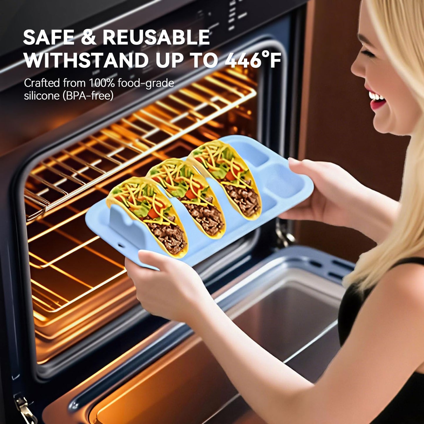 Silicone Taco Plates Holder Set of 2 - Reusable Taco Plates with Dividers & Dip Bowls, Holds 3 Tacos Stand | Microwave & Dishwasher Safe, Heavy Duty Non-slip Taco Tray Stands for Hard/Soft Shells