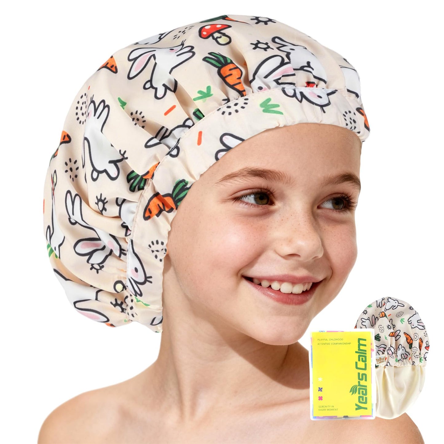 Years calm Satin Lined Shower Cap for Kids, Waterproof Kids Shower Cap with Soft Hair Protection & Wide Elastic Band, Reusable Shower Hat for Kids Ages 3–10 (Beige, One Size)