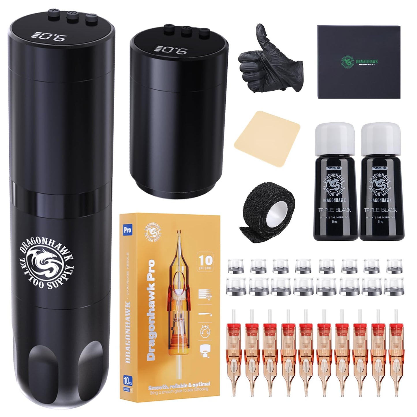 Dragonhawk X3 Cordless Tattoo Gun Kit Rotary Cartridge Machine with 2 Batteries for Long Session 10Pcs Needles Complete Beginner Supplies for Lining Shading