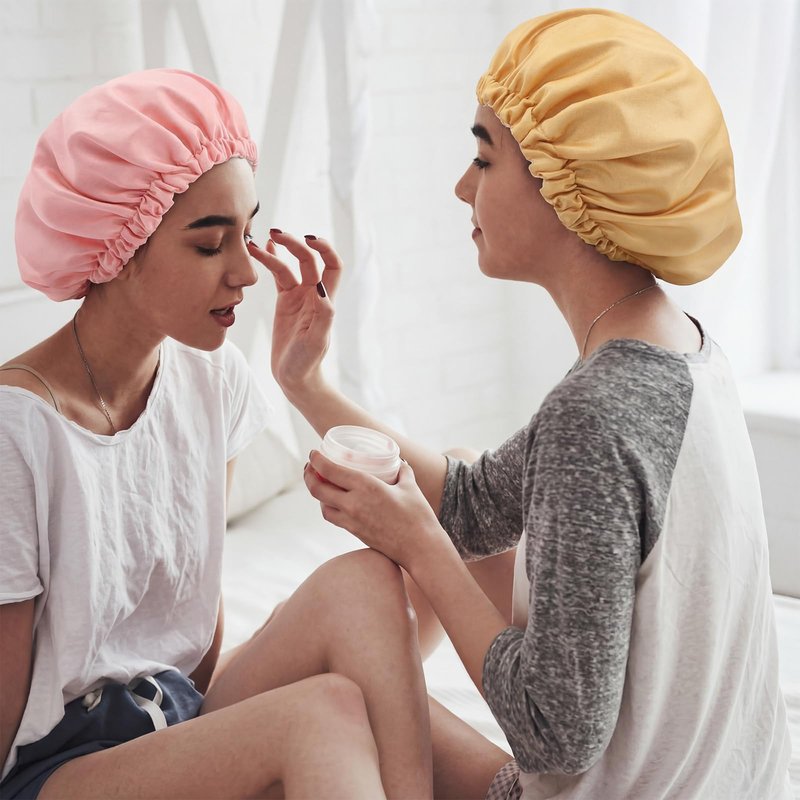 Janmercy 4 Pcs Shower Cap Satin Lined for Hair Protection Waterproof Reusable for Women Long Hair Bath Caps with Satin Interior
