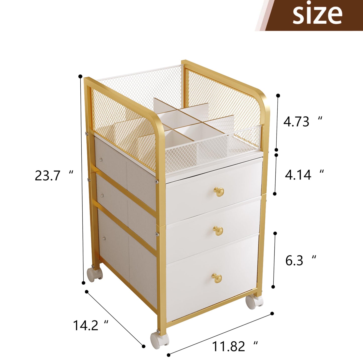 ZQUYAJ Rolling Makeup Organizer Cart with 3 Drawers, Under Desk Vanity Makeup Storage Cart, Bathroom Storage Cart Cosmetic Display Cases Cabinet for Nail Polish, Brushes & Hair Tools, Gold