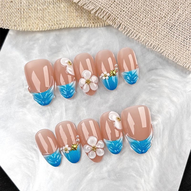 30Pcs Blue French Tip Press on Nails Short Almond Fake Nails with 3D Flower & Gold Rhinestones Design Nude Pink False Nail Full Cover Artificial Reusable Acrylic Nails Handmade Stick on Nail for Women