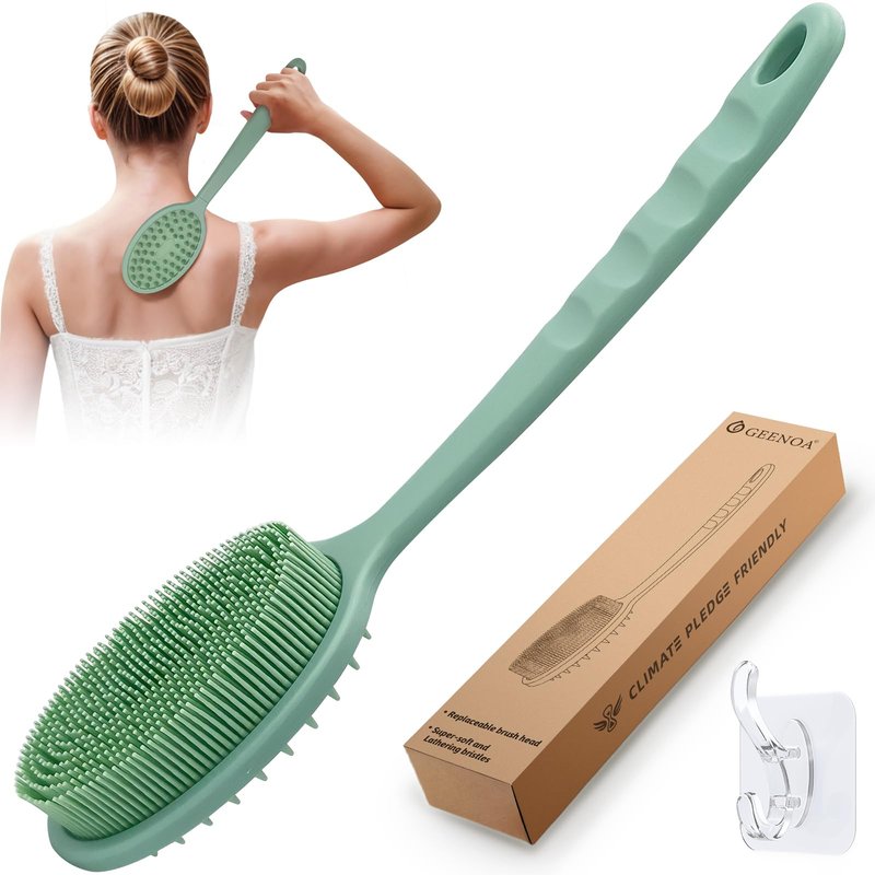 GEENOA Silicone Back Washer for Shower, Gentle Silicone Back Scrubber for Lathering, Soft Silicone Loofah Bath Brush with Dual-Side & Detachable Brush Head, Good for Sensitive Skin(Green)