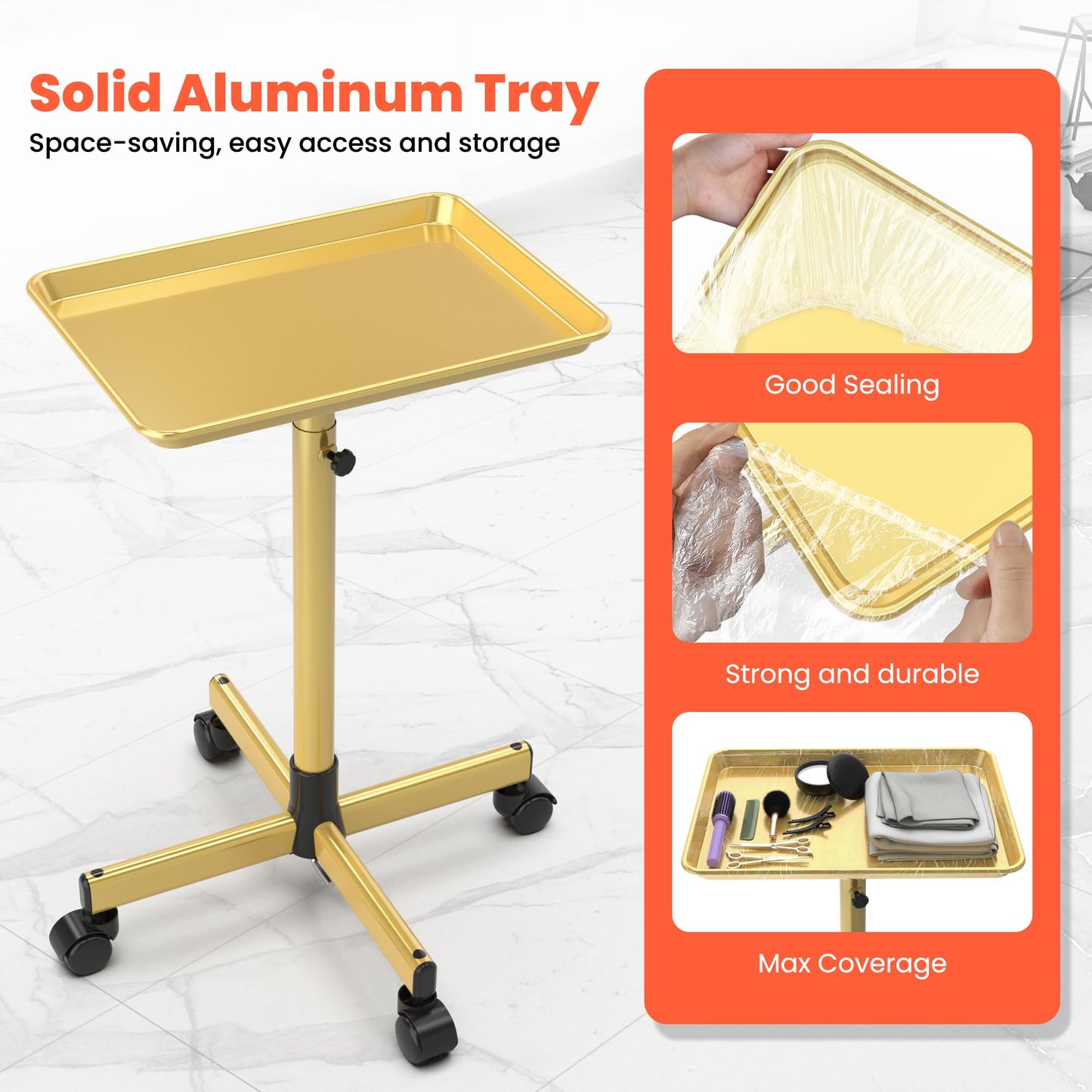 TASALON Rolling Salon Cart with Adjustable Height, Rolling Tray Trolley for Salon Essentials, Mobile Trolley with Wheels and 2 Magnetic Dye Bowls, 10 PCS Disposable Salon Tray Cover, Gold Metal