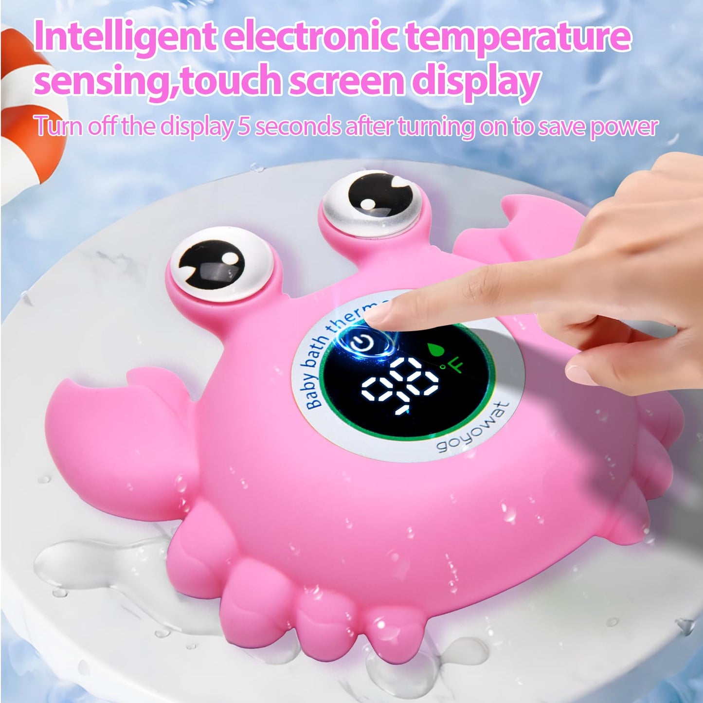 Baby Bathtub Thermometer with LED Display Screen+Pink Crab toy-2-in-1