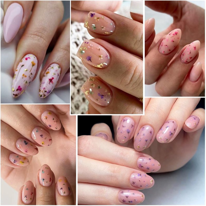 Fcozpjk Dried Flowers Gel Nail Polish, 4 Colors Flower Gel Nail Polish Soak Off UV/LED Nail Polish Spring Summer Floral Nail Design Translucent Jelly Gel Nail Polish Kit Home Manicure