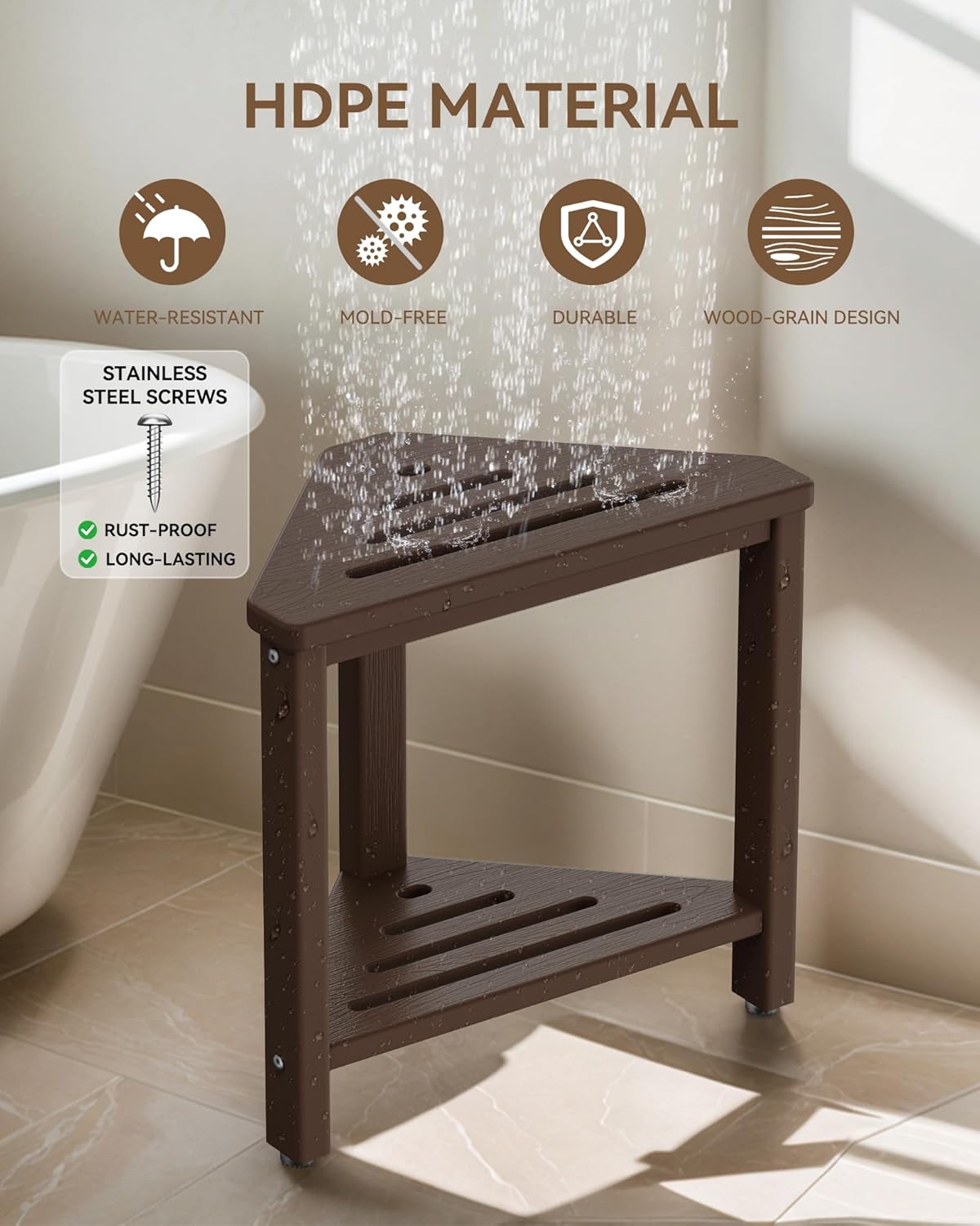 Skiennix Shower Foot Rest - 15-Inch Waterproof Shower Stool with Storage Shelf | Brown Corner Bench