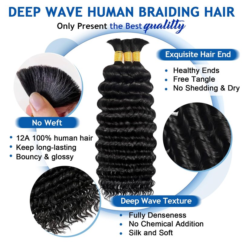 BIZVUS Human Braiding Hair for Boho Braids 110g Curly Boho Hair for Braiding Knotless 12A Wet and Wavy Bulk Bohemian 3 Bundles/Pack Deep Wave 100% Human Hair Extensions Natural Color 16inch