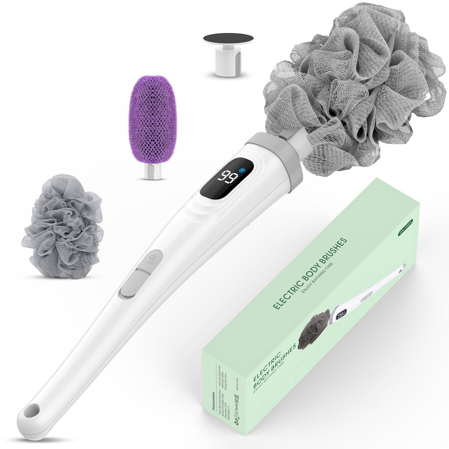 Electric Body Brush Back Scrubber for Shower, Waterproof Long Handle Power Body Scrubber with 3 Heads & 2 Speeds, Rechargeable Bath Brush for Cleansing, Exfoliating, Massaging and Foot Callus Remover