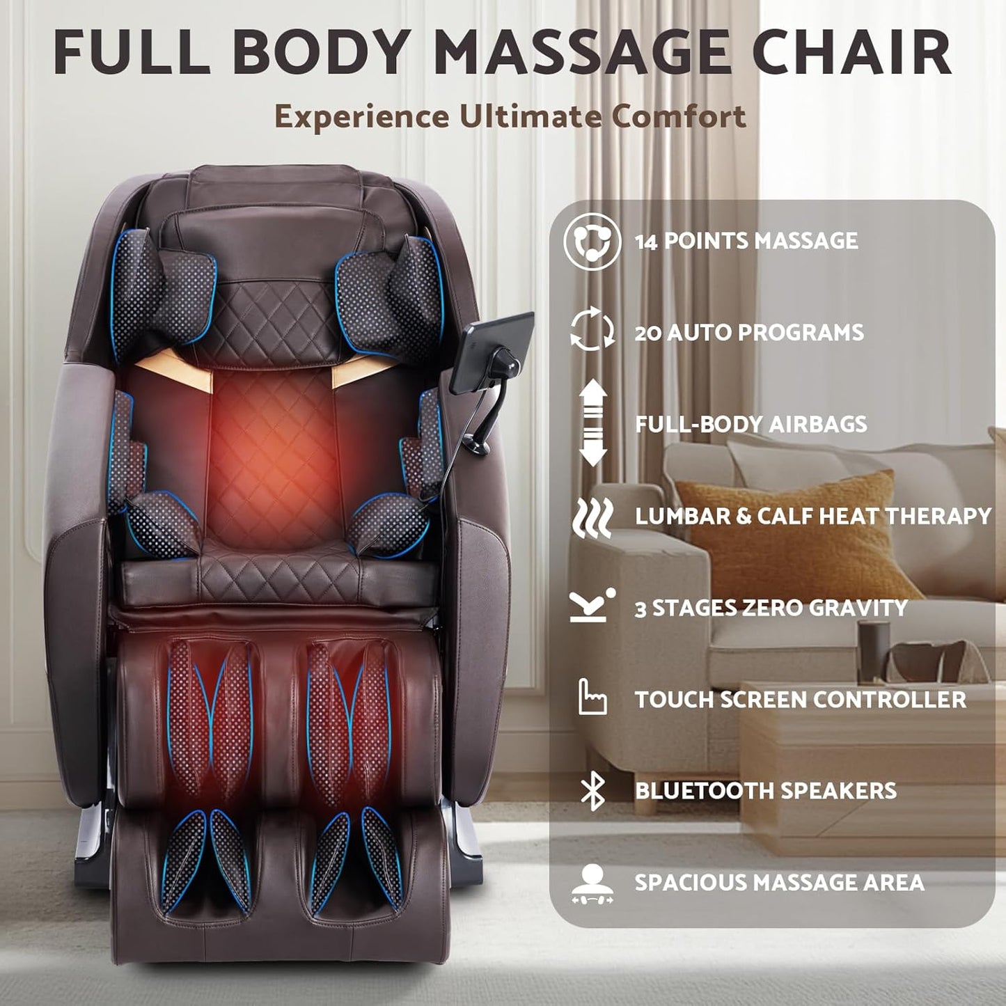 Skiennix Zero Gravity Massage Chair - Full Body Shiatsu Recliner with 14 Massage Points & Heating | Bluetooth Speaker, Touch Screen Controller