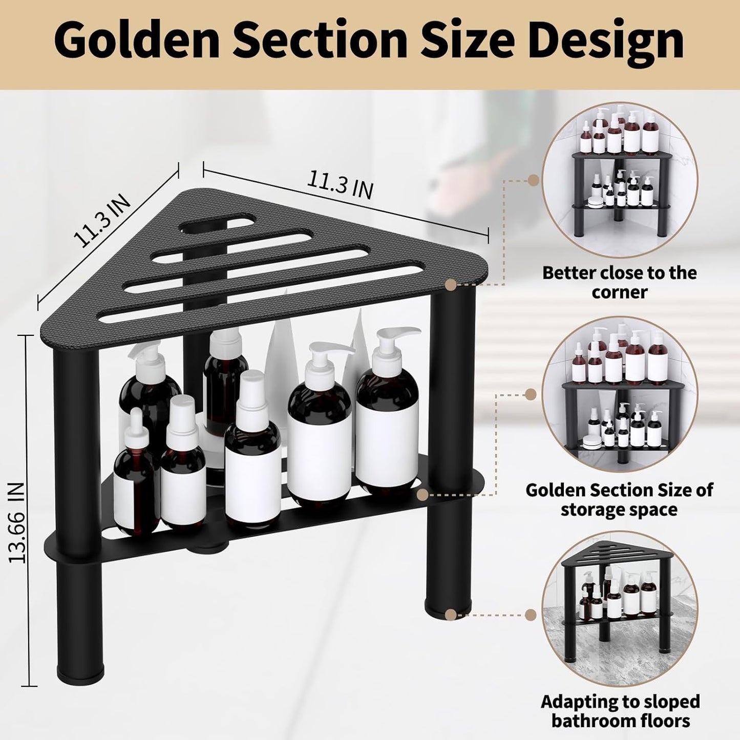 Skiennix Rust-Proof Metal Corner Shower Foot Stool - Non-Slip Bath Bench with Storage Shelf | Black