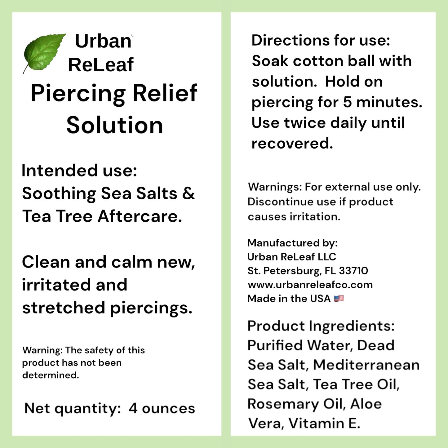 Urban ReLeaf PIERCING RELIEF Solution ! Safely Clean, Soothe & Gently Calm New, Irritated and Bumpy Piercings. 100% Natural Sea Salt, Tea Tree, Rosemary