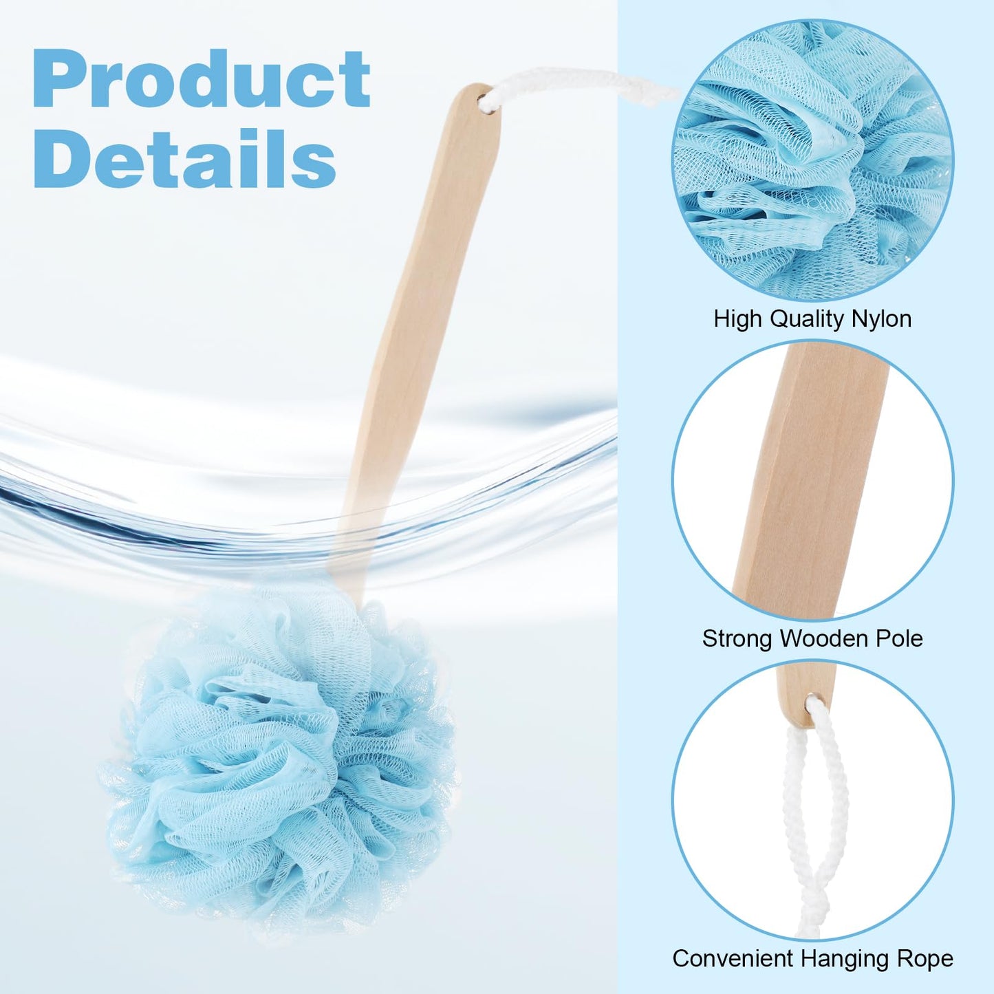12 Pcs Loofah Back Scrubber with Long Handle, Shower Brush with Soft PE Mesh, 4 Colors Body Bath Sponge for Men and Women Spa