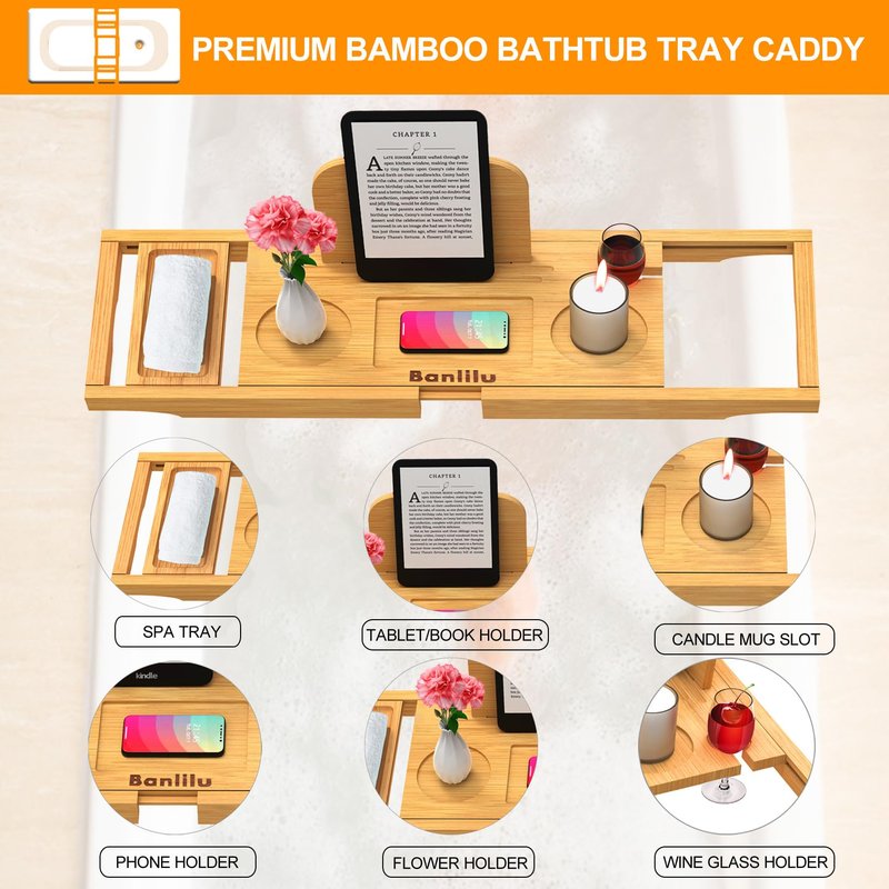 Premium Bamboo Bathtub Tray Caddy - Bath Tub Tray Table for Bathtub - Bath Caddy Tray for Bathtub, Expandable Size, Fits Most Bath Tubs