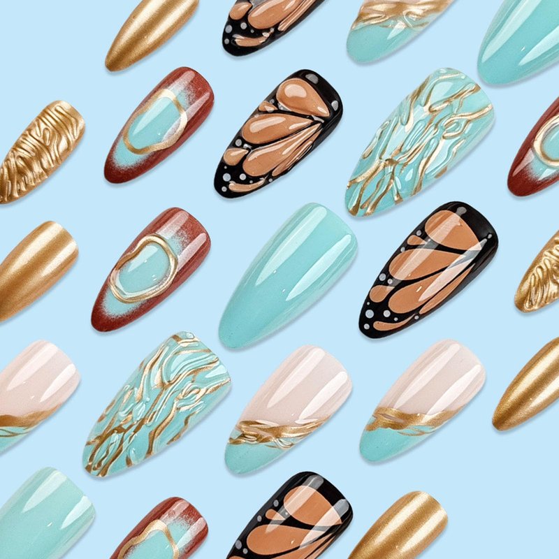 French Tip Press on Nails Medium Almond Fake Nails with 3D Butterfly Lines Designs Green Nails Press ons Gold Acrylic Nails for Women 24Pcs