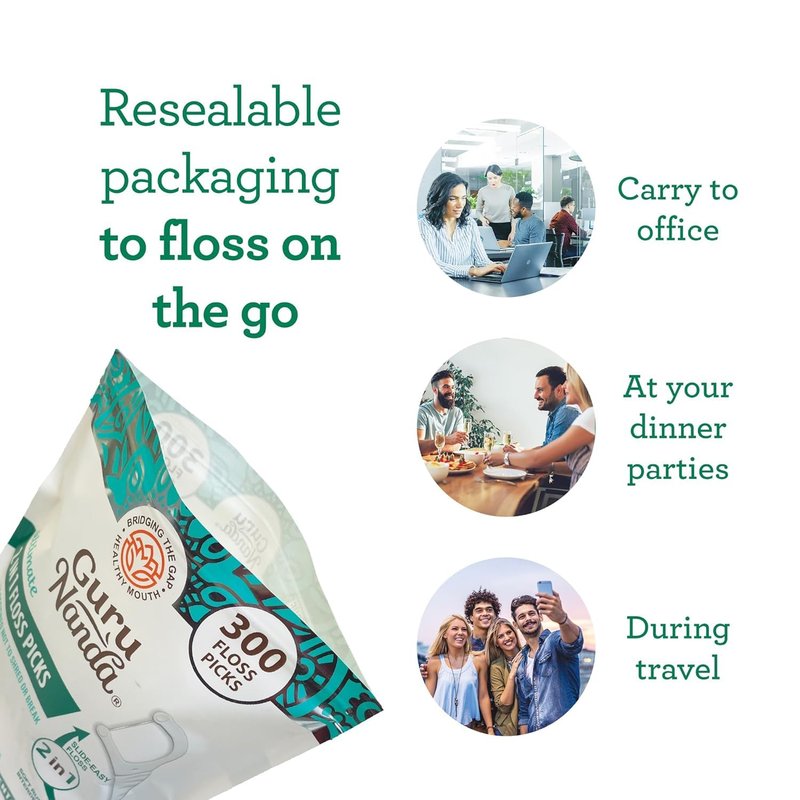 GuruNanda 2 in 1 Dental Floss Picks for Oral Care, PFAS Free – Non-Slip Grip, Slide Easy, No Break or Shred Flosser with Interdental Pick for Healthy Teeth & Gums – Mint Flavor, 300 Count (1 Pack)