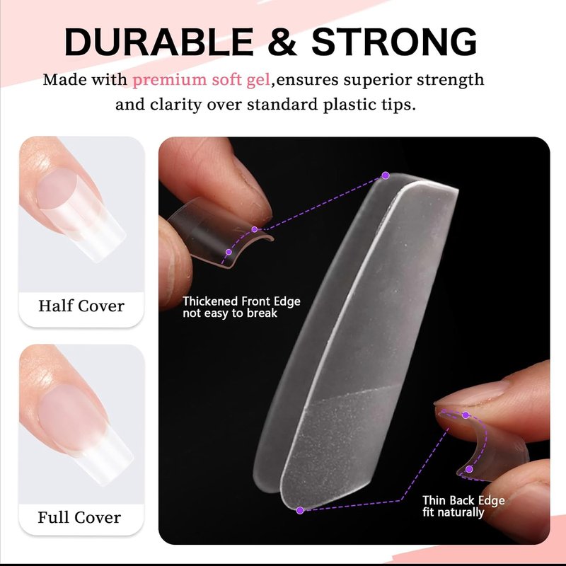 Medium Square Half Cover Nail Tips - 224pcs Full Matte No C Curve Gel Gelly Tips, with Position Line & 12 Sizes for Perfect Nail Extensions