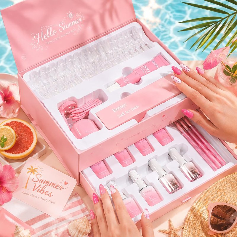 Beetles Nail Kit - Heart Cutout Design with 192 Pre-Built Almond & Stiletto Tips | Gel Starter Set with UV Lamp & 6 Colors