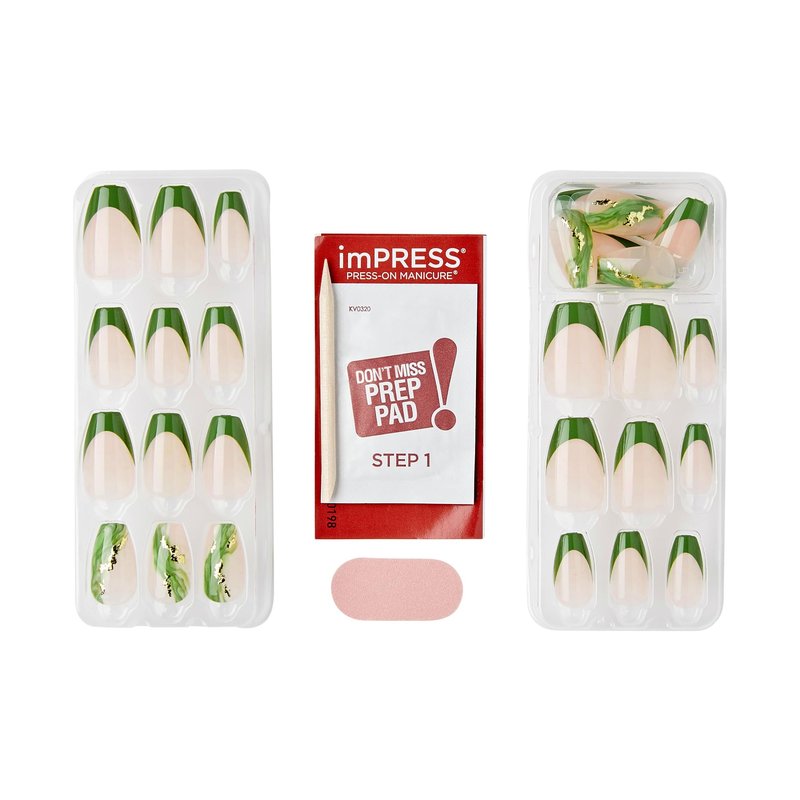Kiss Impress No Glue Mani Press On Nails, Design, 'Ballerina', Green, Medium Size, Coffin Shape, Includes 30 Nails, Prep Pad, Instructions Sheet, 1 Manicure Stick, 1 Mini File