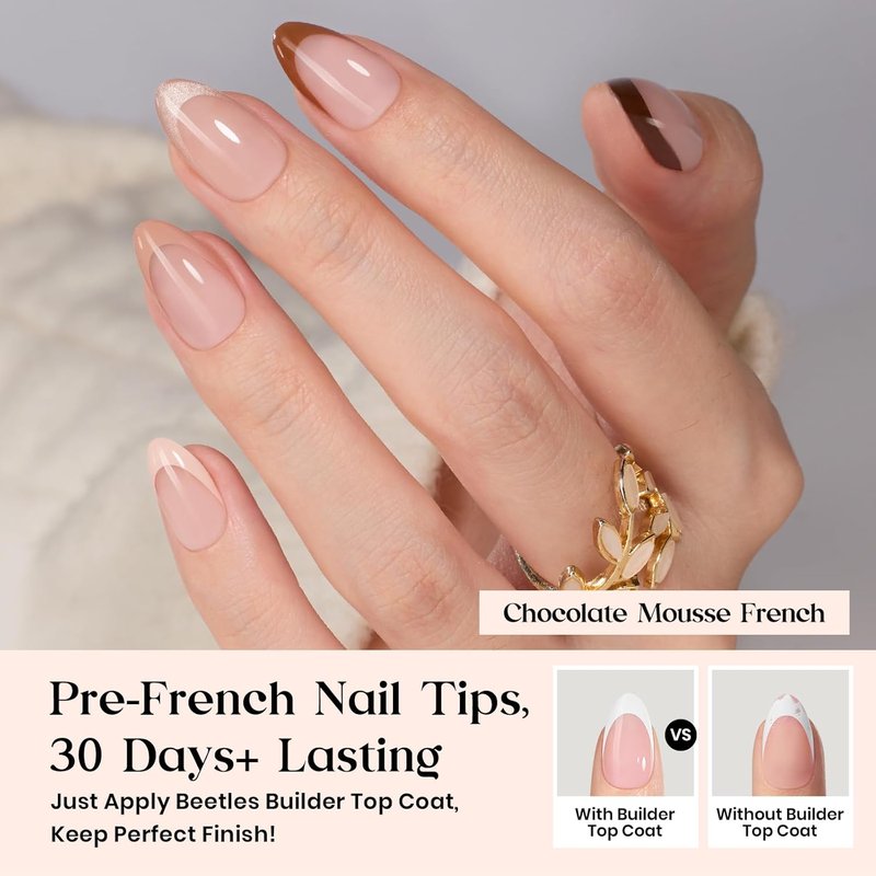 Beetles Press On Nails Kit - Cocoa Mousse French Tips | 224 Pcs, 7 Colors, Short Almond Design with Glue & Lamp
