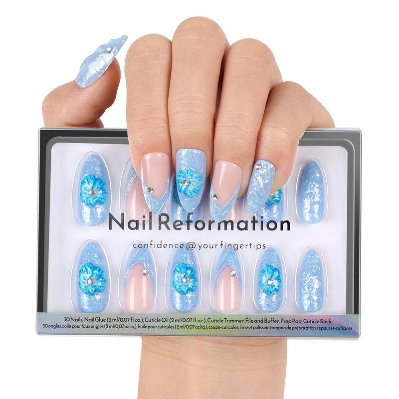Nail Reformation Press On Nails, Blue Agate | Summer Medium Almond Fake Nails with French Tip & 3D Flowers & Gems in Glossy Finish, Reusable Stick On Nails in 15 Sizes - 30 Nail Kit, Gifts for Women