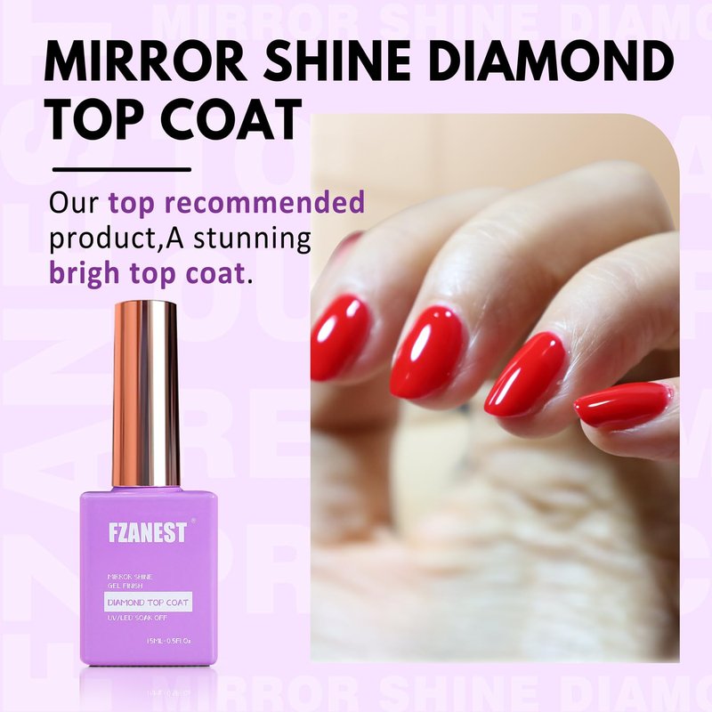 FZANEST Gel Top Coat - No Wipe High Gloss Nail Polish | 2 x 15ML Clear Chrome Finish for Salon Quality Shine