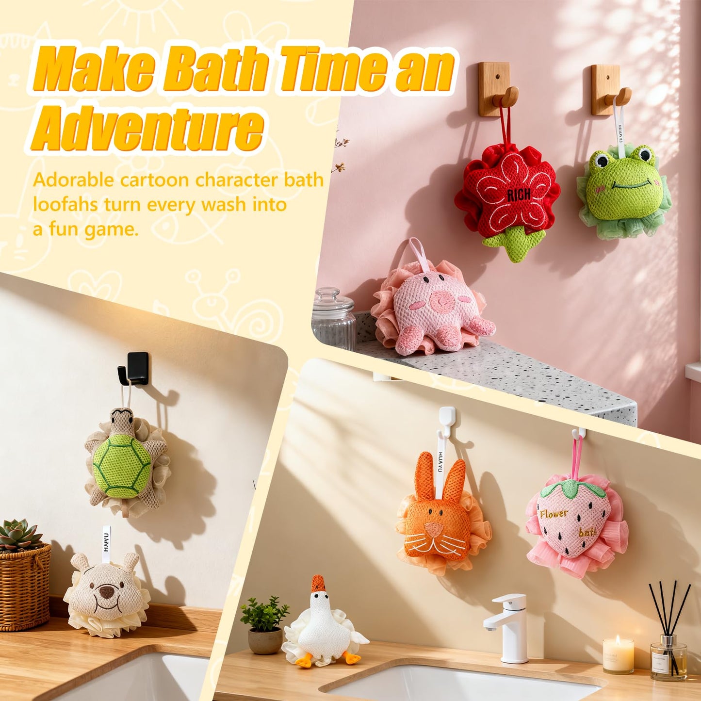 Kids Loofah, Cute Cartoon Animal Kids Bath Sponge with Hanging Rope, Soft Double Mesh for Rich Lather (Pink Octopus)