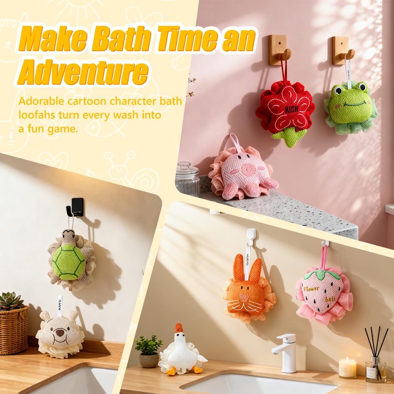 Kids Loofah, Cute Cartoon Animal Kids Bath Sponge with Hanging Rope, Soft Double Mesh for Rich Lather (Green Frog)